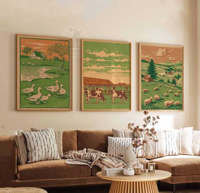 Vintage Farmhouse Prints, Rustic Landscape Wall Art Set Of 3 - image 1