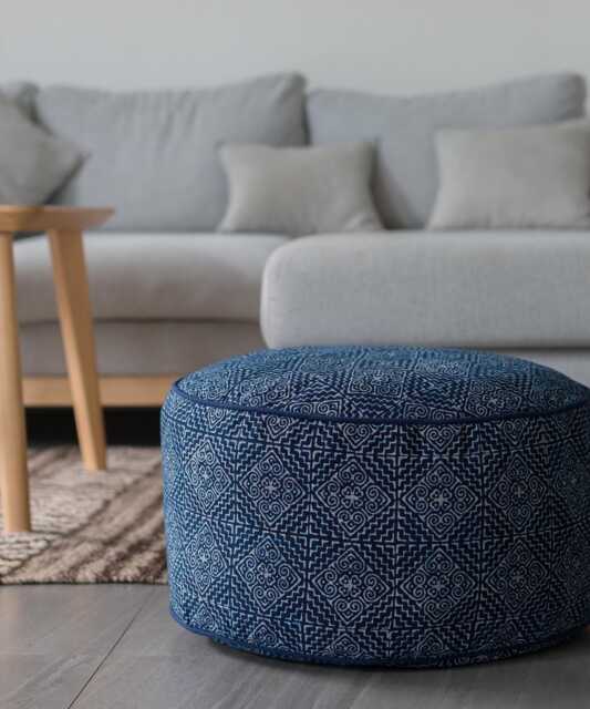 Indigo Batik Hmong Ottoman Pouf, Large Floor Cushion, Kapok Filled - image 1