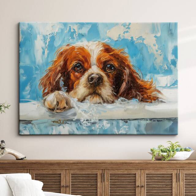 King Charles Spaniel Bath Tub Dog Bathroom Oil Painting Framed Poster Print Or Canvas Wall Decor Art Home Interior Gift For Lover - image 1