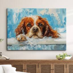 King Charles Spaniel Bath Tub Dog Bathroom Oil Painting Framed Poster Print Or Canvas Wall Decor Art Home Interior Gift For Lover - thumbnail 1