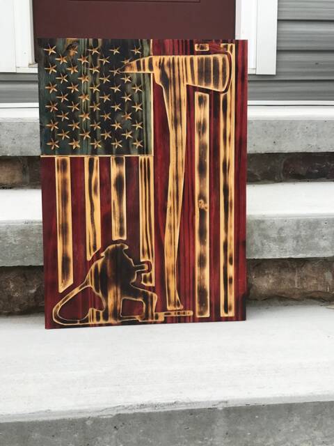 Wood Burned American Flag Firefighter Hero, Rustic Wall Art - 36x18 - image 1