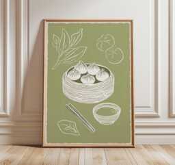 Dimsum Kitchen Wall Art, Minimal Line Drawing Poster, Asian Food Print, Green Modern Decor, Restaurant Artwork, Contemporary Home Style - thumbnail 1