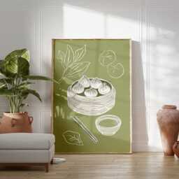 Dimsum Kitchen Wall Art, Minimal Line Drawing Poster, Asian Food Print, Green Modern Decor, Restaurant Artwork, Contemporary Home Style - thumbnail 3