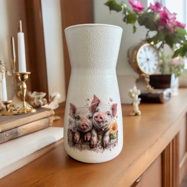 Glass Flower Vase With Piglet Pig Design, Themed Vase, Home Ddcorations, Gift Ideas, Farm Decor, Accessories - image 1
