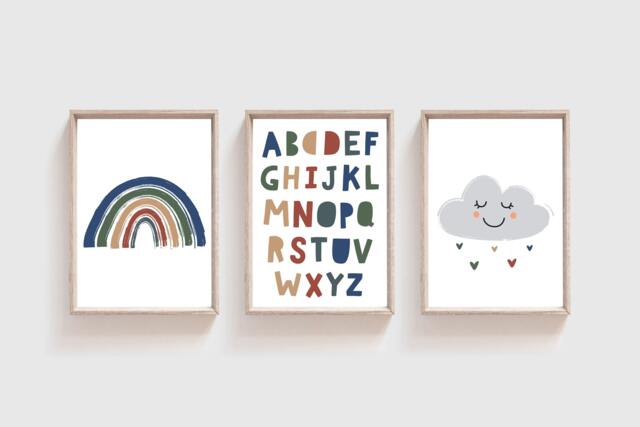 Set Of 3, Boys Blue Nursery Prints, Rainbow Wall Art, Bedroom Decor, Playroom Prints - image 1