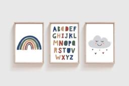 Set Of 3, Boys Blue Nursery Prints, Rainbow Wall Art, Bedroom Decor, Playroom Prints - thumbnail 1