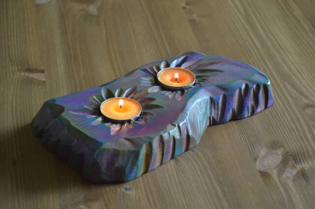 Handcrafted Wood Coastal Cottage Tealight Holder Old Boat Style Multi Coloured Finish With Sunburst Centres in Our Candy Stripe Colours - image 1