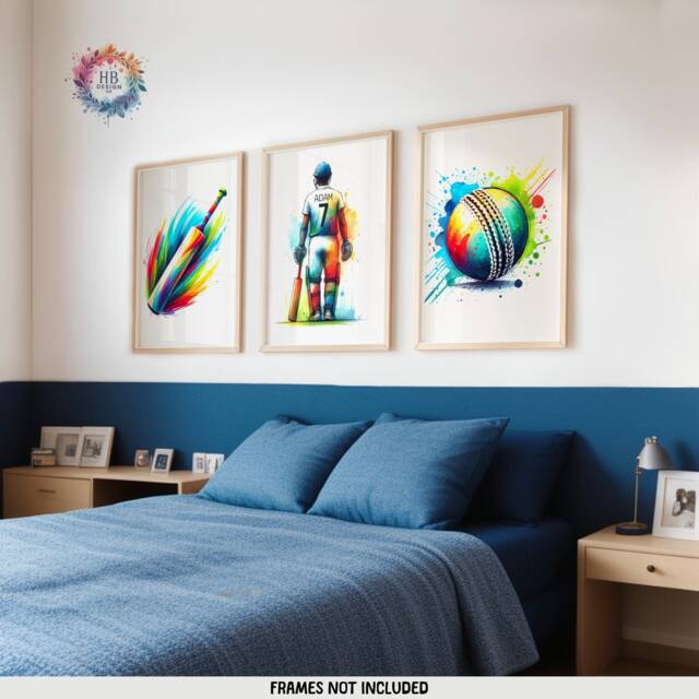 Personalised Cricket Print Set - 3 Posters - Boys Bedroom Decor Kids Room Wall Art Colourful Cricketer Artwork Custom Teen Gifts - image 1