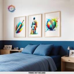 Personalised Cricket Print Set - 3 Posters - Boys Bedroom Decor Kids Room Wall Art Colourful Cricketer Artwork Custom Teen Gifts - thumbnail 1