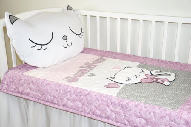 Personalized Baby Blanket, Kitty Crib Custom Cat Quilt Soft Toddler Gray Pink Purple White - image 1