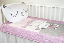 Personalized Baby Blanket, Kitty Crib Custom Cat Quilt Soft Toddler Gray Pink Purple White - thumbnail 1