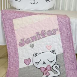 Personalized Baby Blanket, Kitty Crib Custom Cat Quilt Soft Toddler Gray Pink Purple White - thumbnail 2