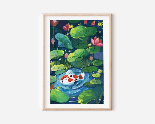 Koi Fish Pond Art Print Fireflies & Lotus, Nursery Wall Decor - image 1
