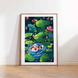 Koi Fish Pond Art Print Fireflies & Lotus, Nursery Wall Decor - thumbnail 2