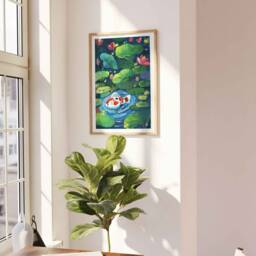 Koi Fish Pond Art Print Fireflies & Lotus, Nursery Wall Decor - thumbnail 3