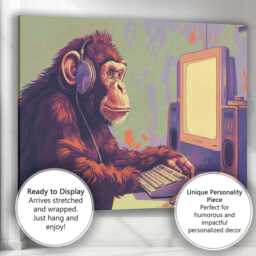 Retro Chimpanzee Using Vintage Computer Headphones Pop Art Canvas Wall Print Decor Picture Ready To Hang - thumbnail 3