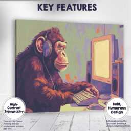 Retro Chimpanzee Using Vintage Computer Headphones Pop Art Canvas Wall Print Decor Picture Ready To Hang - thumbnail 1
