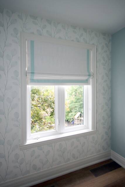 Custom Flat Roman Shade, Cheval White Linen With Aqua Border - image 1