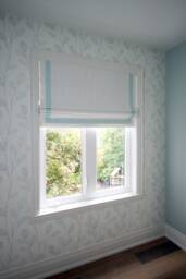 Custom Flat Roman Shade, Cheval White Linen With Aqua Border - thumbnail 1