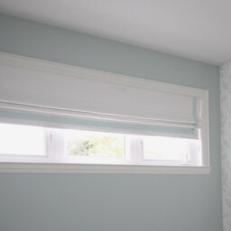 Custom Flat Roman Shade, Cheval White Linen With Aqua Border - thumbnail 3