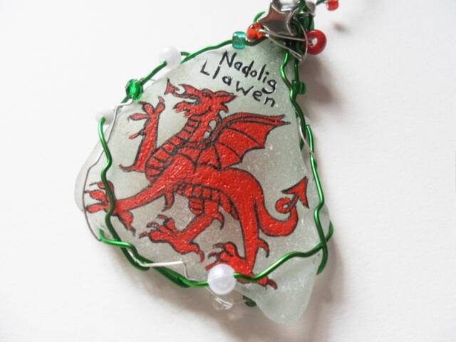 Hand Painted Welsh Dragon Sea Glass Christmas Ornament - image 1