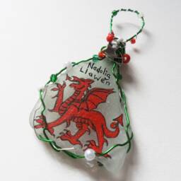 Hand Painted Welsh Dragon Sea Glass Christmas Ornament - thumbnail 2