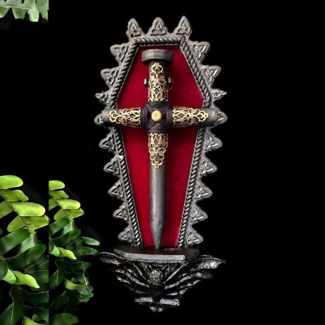 Black Coffin Shaped Plaque With Red Velvet Background, Bat Corbel & Removable Black Brass Cross Stake, Vampire, Gothic Wall Art - image 1