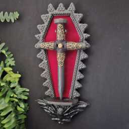 Black Coffin Shaped Plaque With Red Velvet Background, Bat Corbel & Removable Black Brass Cross Stake, Vampire, Gothic Wall Art - thumbnail 3