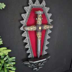 Black Coffin Shaped Plaque With Red Velvet Background, Bat Corbel & Removable Black Brass Cross Stake, Vampire, Gothic Wall Art - thumbnail 2