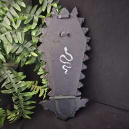 Black Coffin Shaped Plaque With Red Velvet Background, Bat Corbel & Removable Black Brass Cross Stake, Vampire, Gothic Wall Art - thumbnail 4