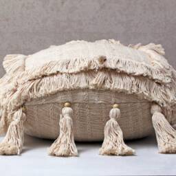 Linen Color Embroidered Pillow Cover, Cotton Boho Cushion, Tassel Handmade Home Decor - thumbnail 2