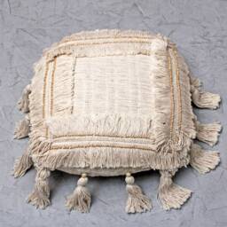 Linen Color Embroidered Pillow Cover, Cotton Boho Cushion, Tassel Handmade Home Decor - thumbnail 4