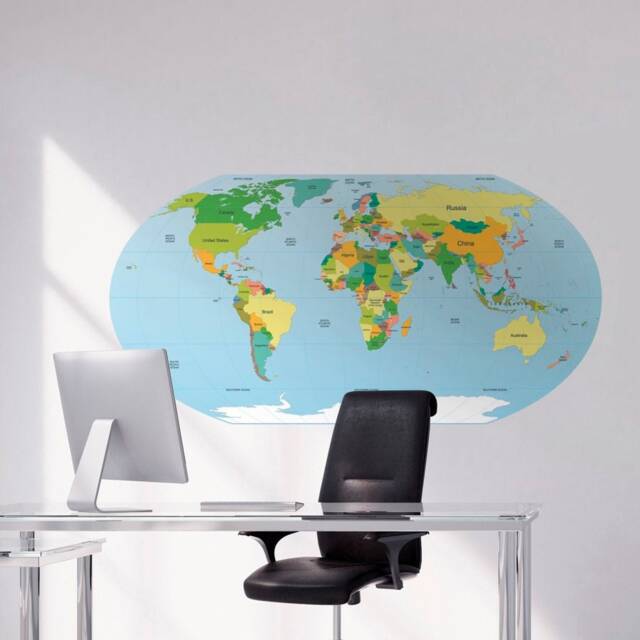 Round World Map, Office, Map Decals, Wall Decal, Art, Stickers, Decor, Decal - Skuroudewmstick - image 1