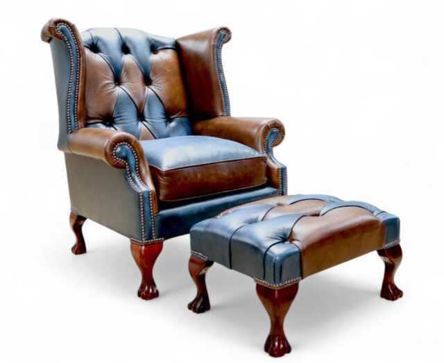 Patchwork Chair Lounge Living Room Chesterfield Real Leather Tan & Blue With Footstool - image 1