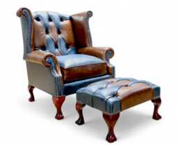 Patchwork Chair Lounge Living Room Chesterfield Real Leather Tan & Blue With Footstool