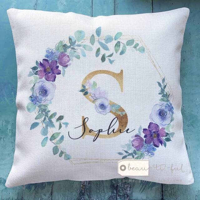 Personalised Name & Initial Purple Lilac Floral Greenery Design Home Quote Linen Style Cushion Cover