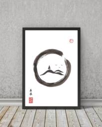 Japanese Sumi-E Landscape Print Zen Circle Hills Art - thumbnail 1
