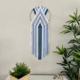 Blue & White Beaded Wall Hanging, Retro Macrame Decor, Yarn Tapestry, Woven Hoop Art, 70's Handmade Hangings
