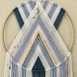 Blue & White Beaded Wall Hanging, Retro Macrame Decor, Yarn Tapestry, Woven Hoop Art, 70's Handmade Hangings - thumbnail 2