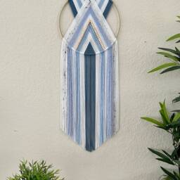 Blue & White Beaded Wall Hanging, Retro Macrame Decor, Yarn Tapestry, Woven Hoop Art, 70's Handmade Hangings - thumbnail 4
