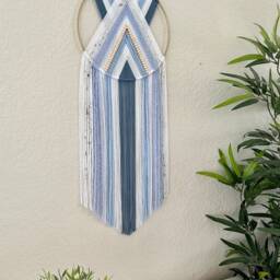 Blue & White Beaded Wall Hanging, Retro Macrame Decor, Yarn Tapestry, Woven Hoop Art, 70's Handmade Hangings - thumbnail 3