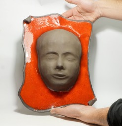Red Glazed Ceramic Wall Mask 3D Clay Face Art - thumbnail 1
