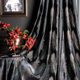 Luxury Leaf Patterned Curtains Green, Gray, Gold, Navy, Black - thumbnail 2