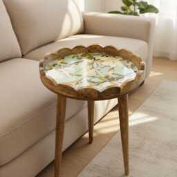 Handmade Mango Wood Side Table Scalloped Tray Top Magnolia Floral Resin Accent Bedstand - thumbnail 1