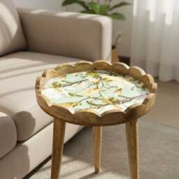 Handmade Mango Wood Side Table Scalloped Tray Top Magnolia Floral Resin Accent Bedstand - thumbnail 3
