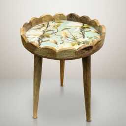 Handmade Mango Wood Side Table Scalloped Tray Top Magnolia Floral Resin Accent Bedstand - thumbnail 4