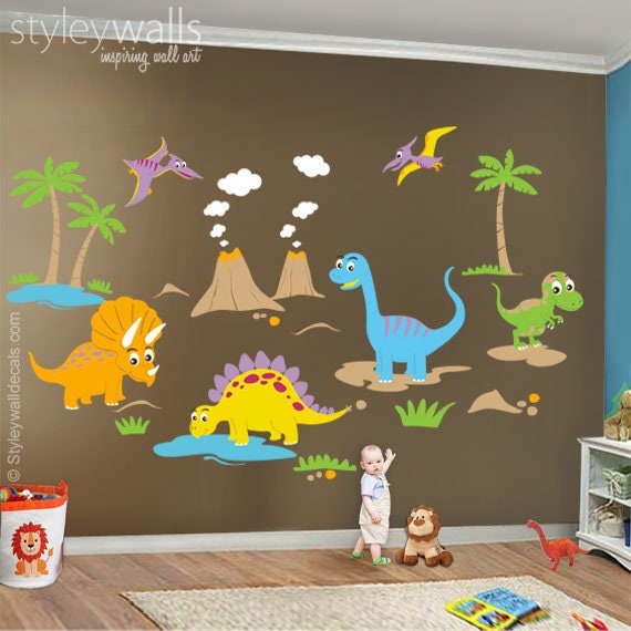 Dinosaurs Wall Decal, Dinos Huge Set, Baby Nursery Kids Playroom Vinyl Decal Decor, Sticker - image 1