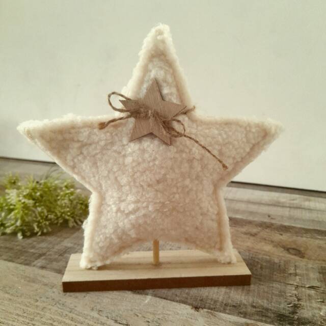Sherpa Star Ornament On Wooden Base - The Home & Hearts Shop Rustic Shabby Wedding Gift Christmas Decorative Decoration - image 1
