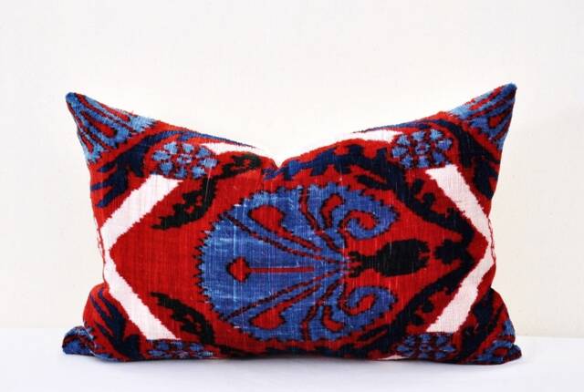 Handloom Silk Velvet Ikat Pillow Cover, Decorative Cushion - image 1