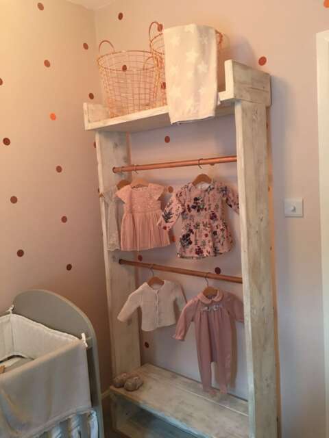 Whitewashed Nursery Clothes Rail Wardrobe With Shelves. Made To Measure From Pine Wood Copper Rail. Freestanding Industrial Design - image 1